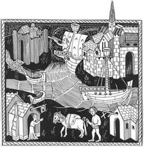 Drawing based on a English manuscript illustration of ca.1400, touching upon aspects of the economic system. In the foreground a packhorse, loaded with merchandize, is driven towards an inn (with welcoming hostess); a network of inns across the country was important for commerce. The building at lower right, with hanging sign indicating it some kind of commercial or industrial establishment, may represent a craft workshop that produced some of the goods being transported by the horse. At rear right, the artist has depicted a walled town, location of major marketplaces for goods, while at left stands a castle or fortifed manor-house � residence of aristocracy who were consumers of luxury goods imported by merchants. The packhorse reflects the role of land-based transportation in the economy, while the ships and boats represent the importance of water transportation. 