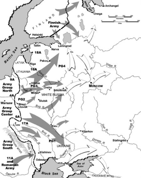 Display a map showing an outline of how Germany invaded Soviet Russia in 