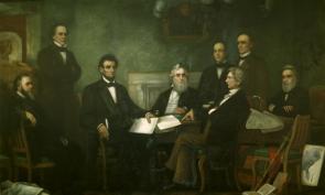 Lincoln met with his cabinet on July 22, 1862 for the first reading of a draft of the Emancipation Proclamation.
