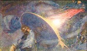 A 1908 depiction of Beowulf fighting the unnamed dragon by J. R. Skelton.
