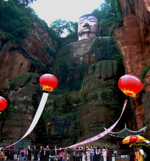 The Leshan Giant Buddha, 71 meters tall, construction began in 713 AD, completed ninety years later.