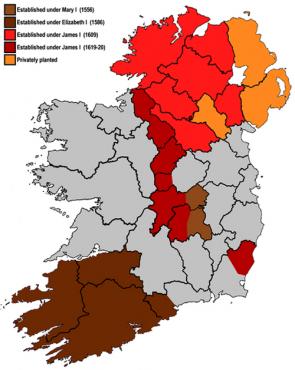 The counties in Ireland subjected to British plantations (1556 to 1620). Note that this map is a simplified one, as the amount of land colonised did not cover the entire shaded area.