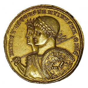 A gold multiple of Constantine with Sol Invictus, struck in 313.