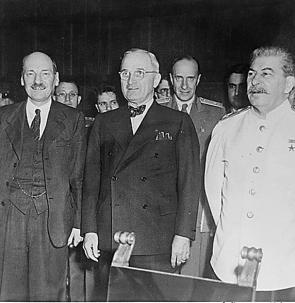 Clement Attlee, Harry S. Truman and Joseph Stalin at the Potsdam Conference in 1945.