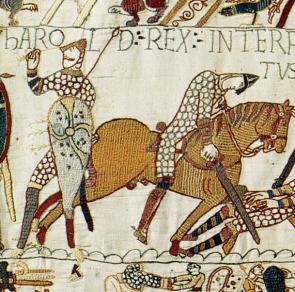 Harold Godwinson falls at Hastings. Harold was struck in the eye with an arrow (left), slain by a mounted Norman knight (right) or both.