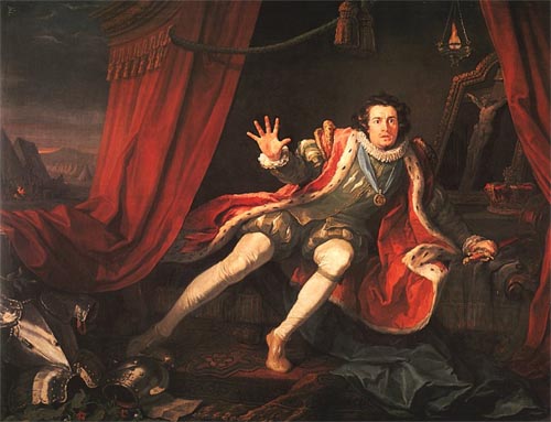 English actor David Garrick in 1745 in the titular role in Act V, Scene 3 of Shakespeare's Richard III. This scene takes place just before the battle of Bosworth Field, Richard's sleep having been haunted by the ghosts of those has murdered, wakes to the realization that he is alone in the world and death is imminent. Painting by English artist, William Hogarth.