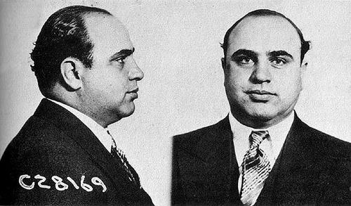 Al Capone sent to prison. This picture shows the Bertillon photographs of Capone made by the US Dept of Justice. His rogue's gallery number is C 28169.