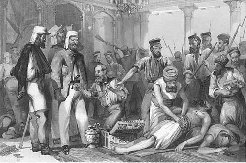 British soldiers looting Qaisar Bagh, Lucknow, after its recapture (steel engraving, late 1850s)