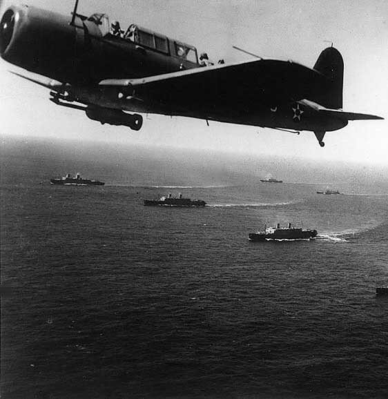 A SB2U Vindicator scout bomber from USS Ranger. The convoy was one of many escorted by the US Navy before the US entered the war.