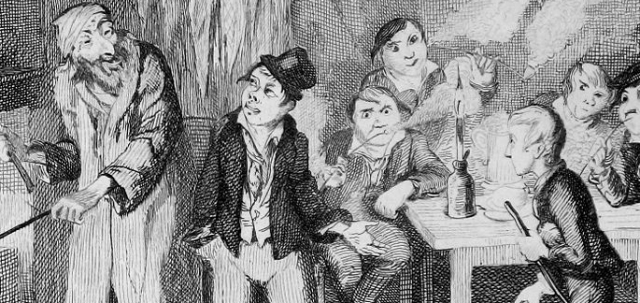 Detail of an original George Cruikshank engraving for showing the Artful Dodger introducing Oliver to Fagin.