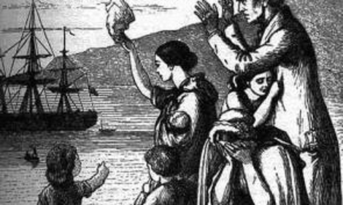 Emigrants Leave Ireland, an engraving by Henry Doyle depicting the emigration to The United States because of the Great Famine in Ireland.