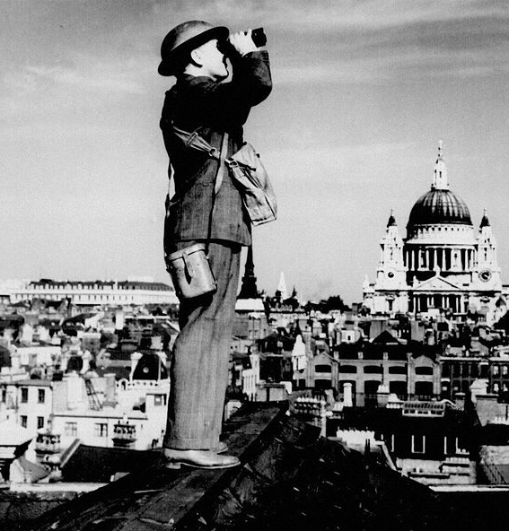 Aircraft spotter on the roof of a building in London. 1940.