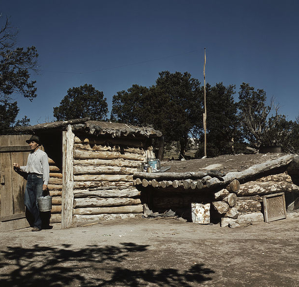 Dugout home. Pie Town, New Mexico. Early color photograph.