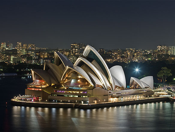 Sydney Opera House, as viewed from the Sydney Harbour Bridge. Author David Liff, Creative Coomons License.