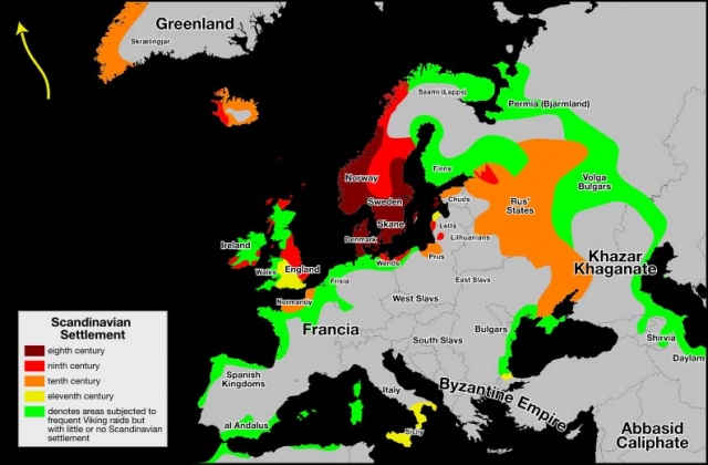Map showing area of Scandinavian settlement in the eighth (dark red), ninth (red), tenth (orange) and eleventh (yellow) centuries. Green denotes areas subjected to frequent Viking raids.