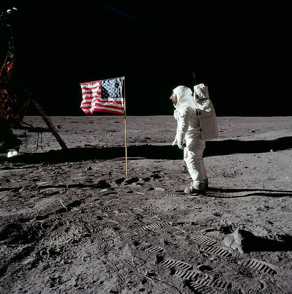 Buzz Aldrin with U.S. flag on the Moon.