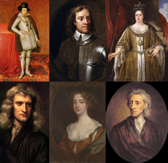 King James I, Oliver Cromwell, Queen Anne, John Locke, Aphra Behn & Isaac Newton.