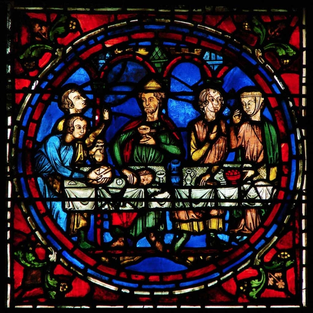 Detail of the stained glass window called Notre-Dame de la Belle Verrière, a section from the 13th century, in Notre-Dame de Chartres cathedral.