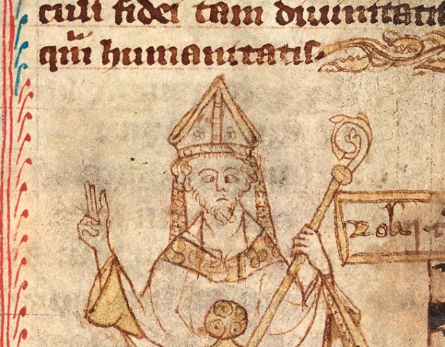 "Robert grosste..." Portrait of Robert Grosseteste, Bishop of Lincoln, eyes crossed, seated with miter and crozier, his right hand raised in blessing. British Library Harley MS 3860.