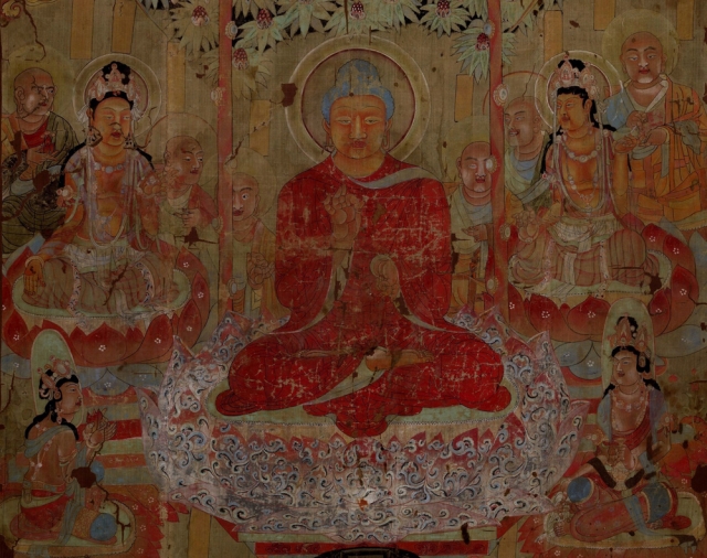 An 8th-century silk wall scroll from Dunhuang, showing the paradise of Amitabha.