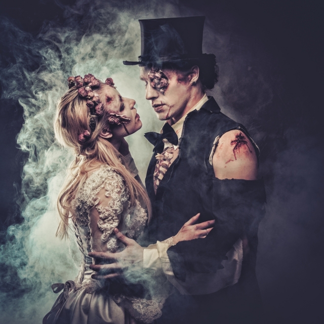 Dressed in wedding clothes romantic zombie couple. Shutterstock photo ID: 485244787.