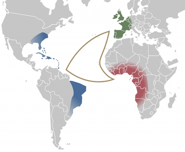 Map showing triangular trade between western Europe, Africa and Americas. Source: Wikimedia Commons
