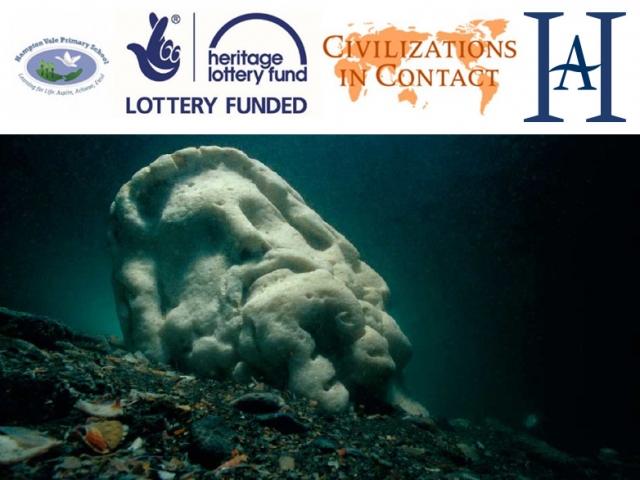 Partner logos: Hampton Vale Primary School / Heritage Lottery Fund / Civilizations in Contact / HA.
Photo: sunken statue head on seabed off Alexandria (credit: Christoph Gerigk; © Franck Goddio/Hilti Foundation)