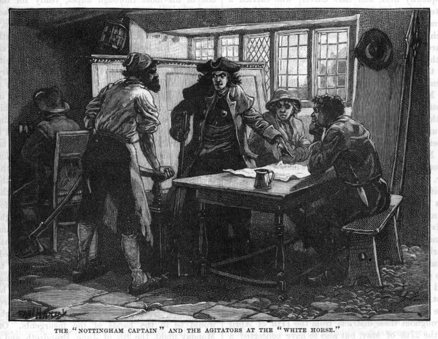 The ‘Nottingham Captain’ and the agitators planning to overthrow the British government meet at the White Horse Pub,
Pentrich, Derbyshire, England in 1817. Jeremiah Brandreth, aka The ‘Nottingham Captain’. Classic Image / Alamy Stock Photo
