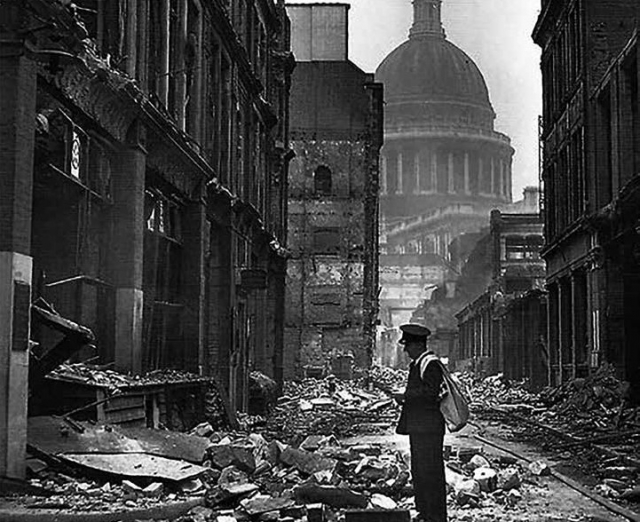 Postman in Watling Street during the Blitz