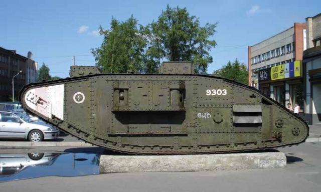 A captured British tank from the North Russian Relief Force displayed as a monument in modern Archangel
