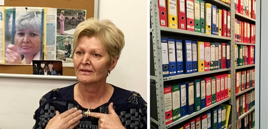 Bakira Hasecic and some of the files held by the Association for Women Victims of War