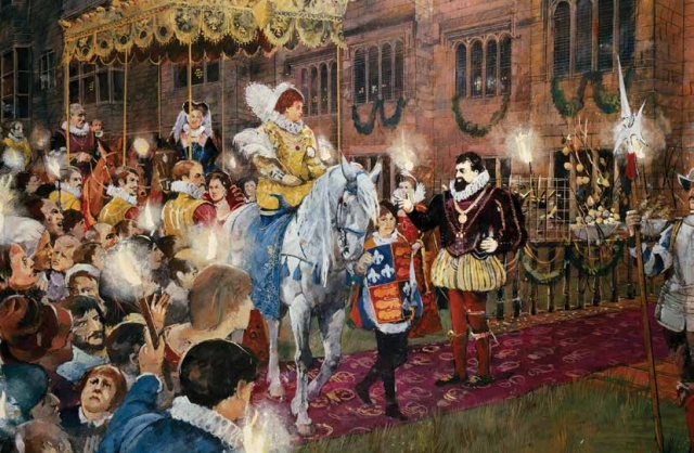 Robert Dudley welcoming Queen Elizabeth I to Kenilworth Castle, Warwickshire, July 1575 (Heritage Image Partnership Ltd / Alamy Stock Photo)