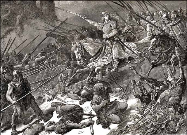 Æthelflæd fighting the Welsh c.916. From Cassell’s History of England, pub. c.1901; Falkensteinfoto / Alamy Stock Photo
