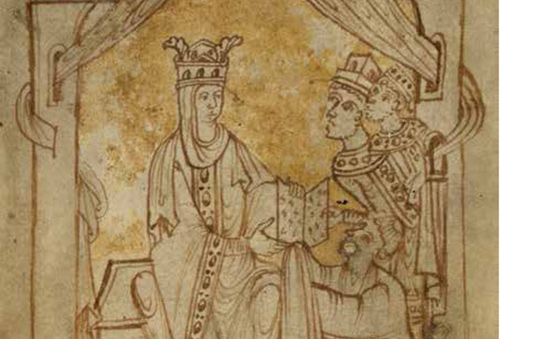 Queen Emma receives a copy of her Encomium from the author with her sons Harthacnut and Edward looking on. London, British Library, Additional MS 33241, folio 1, verso