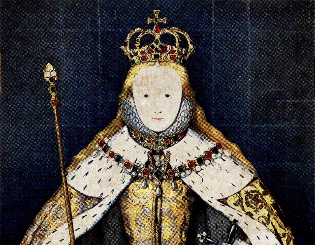 Elizabeth I in her coronation robes, patterned with Tudor roses and trimmed with ermine. Public Domain.