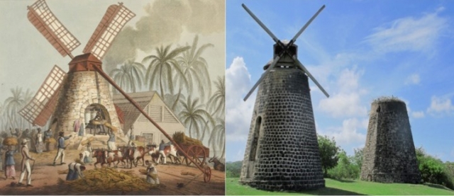 The Mill Yard (British Library) & Sugar Mills in Antigua (Pat Hawks, Wikimedia)