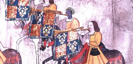 Detail from Westminster Tournament Roll showing black trumpeter, almost certainly John Blanke (Wikimedia Commons)