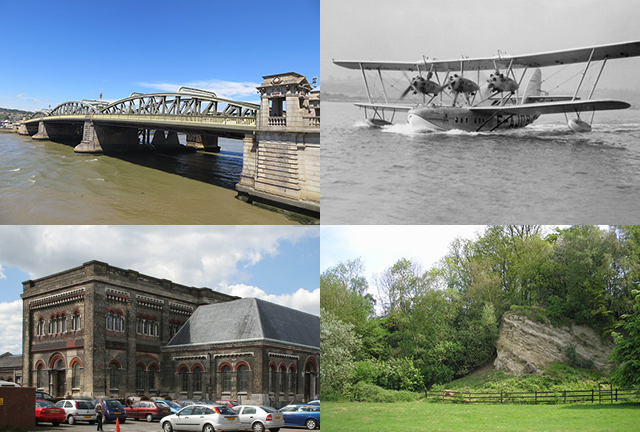Rochester Bridge, Short Brothers S.8 flying boat, Crossness Pumping Engines main engine house, Ragstone outcrop at Dryhill Nature Reserve (all images Wikimedia Commons)
