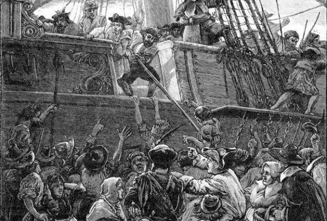 Scene at the departure from Leith, Edinburgh, of the Darien expedition 1698-99. Antique engraving from late 1800s (detail). Iconographic Archive / Alamy Stock Photo