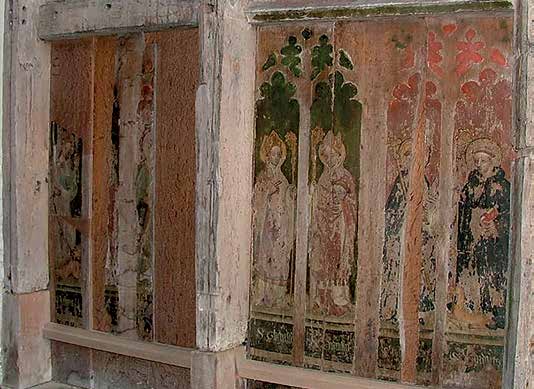 St Theobald’s panel (fourth from right) from the rood screen at St Andrew’s Church, Hempstead, Norfolk.