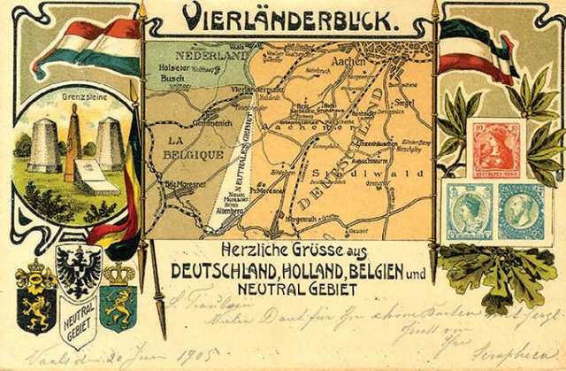 1905 postcard showing Moresnet between the Netherlands, Belgium and Germany