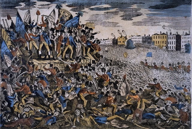 A print published on 27 August 1819 depicting the Peterloo Massacre