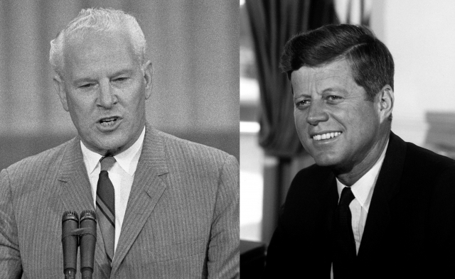 Gore speaking at the 1968 Democratic National Convention. Public Domain. John F. Kennedy, photograph in the Oval Office. National Archives.