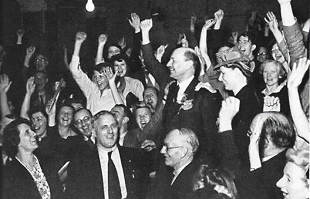 Clement Attlee at the Labour Party HQ on General Election Night 1945. TUC Library Collections at the London Metropolitan University and www.unionhistory.info