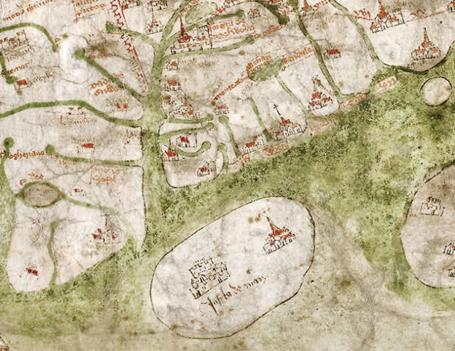 Detail of the Gough Map (c.1400) showing the area that now forms the county of Cumbria. North is to the left-hand side of the map. MS. Gough Gen. Top. 16. © The Bodleian Libraries, University of Oxford.