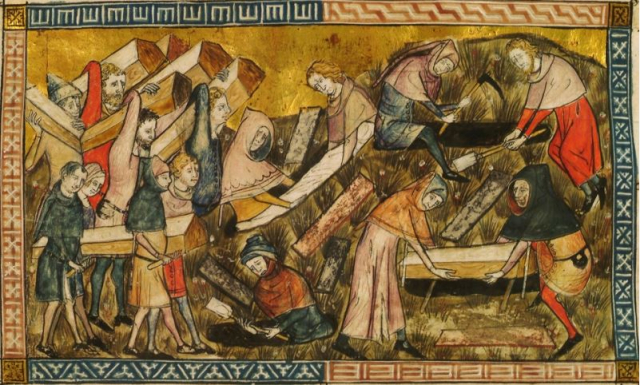 The people of Tournai bury victims of the Black Death. Miniature by Pierart dou Tielt (Tournai, c. 1353).