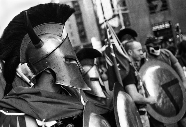 Protestors from the Reclaim Australia nationalist group rally in Sydney on 19 July 2015 wearing Corinthian helmets and carrying shields bearing the inverted-V Lambda symbol. © Jonathon Dallimore