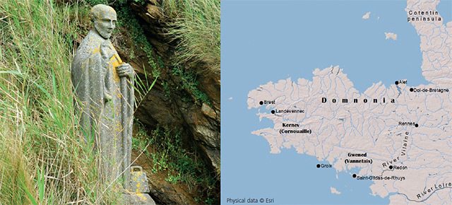 Statue of St Gildas at Saint-Gildas-de-Rhuys, and map of medieval Brittany (physical data © Esri)