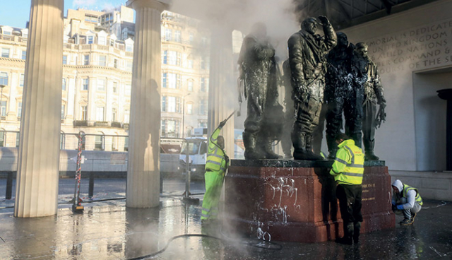 Vandalism of the Bomber Command Memorial, Green Park, London, 2019 (Amer Ghazzal/Alamy Live News)