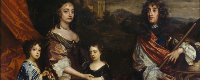 The Family of James, Duke of York. The Duke (later King James II and VII) and Duchess of York (previously Anne Hyde) were painted by Peter Lely in between 1668 and 1670. Their two daughters, Mary (left) and Anne (right), later Queen Mary II and Queen Anne, were added by Benedetto Gennari in or after 1680. Windsor Castle is in the background. Public Domain.